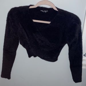 Black Fluffy Cropped Cross Front Sweater